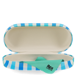 Open blue gingham sunglasses case with a soft interior and cleaning cloth.