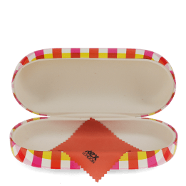 Open pink gingham sunglasses case with a soft interior and cleaning cloth.