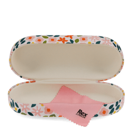 Open ditsy floral sunglasses case with a soft interior and cleaning cloth.