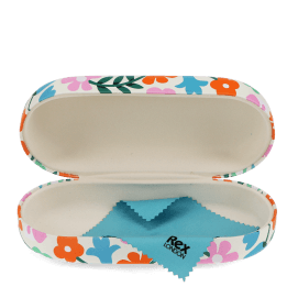 Open esme floral sunglasses case with a soft interior and cleaning cloth.