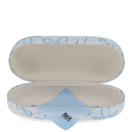 Open blue bow sunglasses case with a soft interior and cleaning cloth.