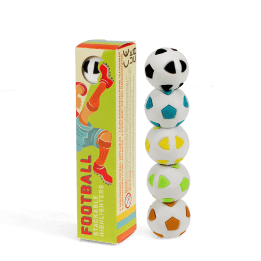 Stack of football-shaped highlighters next to colourful product box.