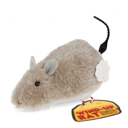 Fluffy wind-up toy mouse with soft beige fur and black tail with tag.