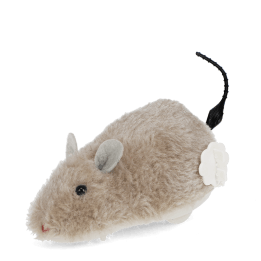 Fluffy wind-up toy mouse with soft beige fur and black tail.