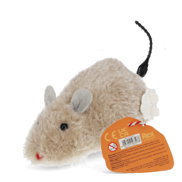 Fluffy wind-up toy mouse with soft beige fur and black tail with tag showing safety infomation.