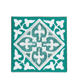 Turquoise ceramic coaster with embossed pattern.