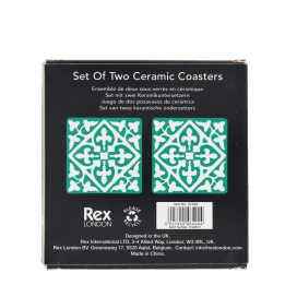 Back of boxed set of two turquoise ceramic coasters with pattern, branding, and barcode.