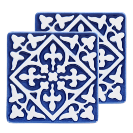 Set of two blue ceramic coaster with embossed pattern.