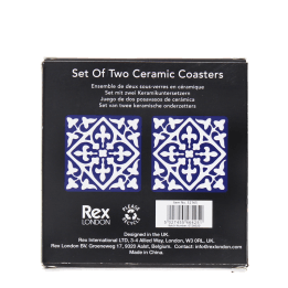 Back of boxed set of two blue ceramic coasters with pattern, branding, and barcode.