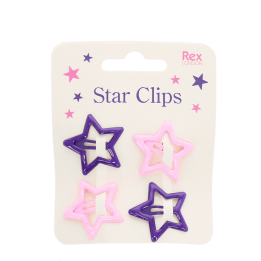 Purple and pink star hair clips on display card.