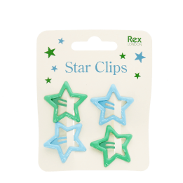 Blue and green star hair clips on display card.