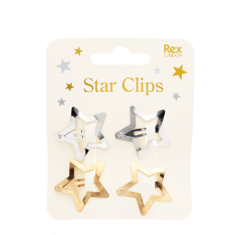Gold and silver star hair clips on display card.