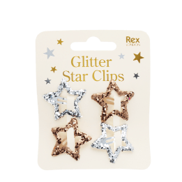 Gold and silver glitter star hair clips on display card.