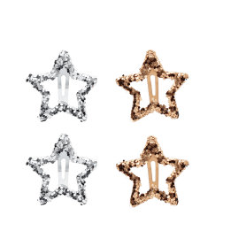 Silver and gold glitter star hair clips in a set of four.