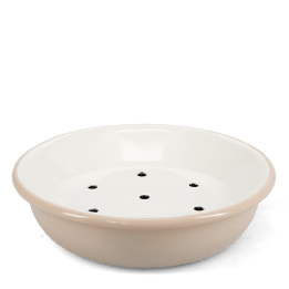 Round two-part soap dish with drainage holes.