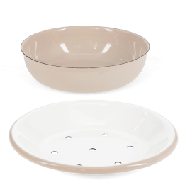 Two-part round soap dish, shown separated with drainage tray and outer bowl.