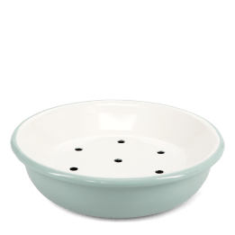 Round two-part soap dish with drainage holes in sage green.