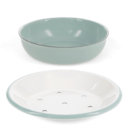 Two-part round soap dish, shown separated with drainage tray and outer bowl.