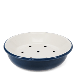 Round two-part soap dish with drainage holes in blue.