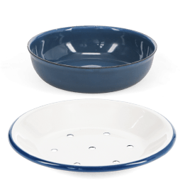 Two-part round soap dish, shown separated with drainage tray and outer bowl.