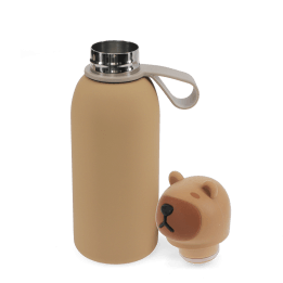 Stainless drinks bottle with bear lid, shown open with screw cap and carry loop