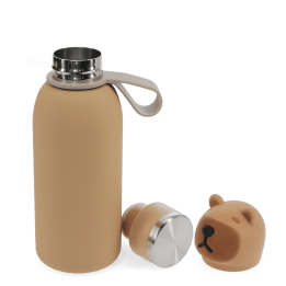 Stainless drinks bottle with bear lid, shown open with screw cap and carry loop