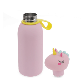 stainless drinks bottle shown open with unicorn lid and carry loop.