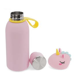 stainless drinks bottle with unicorn lid, shown open with screw cap and carry loop.