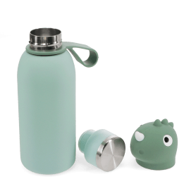 Dinosaur drinks bottle with carry loop, shown open with screw cap and character lid.