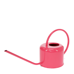 Vibrant pink metal watering can with curved handle and long spout.