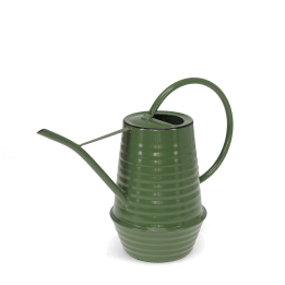 Dark green ribbed metal watering can with handle and long spout