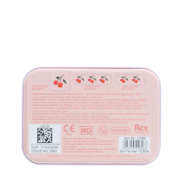 Back of cherry plaster tin with safety information, instructions and expiry date.