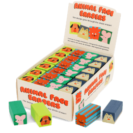Copilot said:  Box of assorted animal face erasers with dog, cat, mouse and lion designs