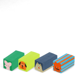 Four rectangular animal-themed erasers featuring mouse, dog, lion and cat faces.