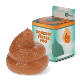 Squishy stress poo toy beside retail box