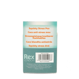Back of Squishy Stress Poo packaging showing product name in multiple languages and barcode.