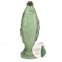 Green fish-shaped glass bottle with embossed scale pattern and cork stopper with tag.