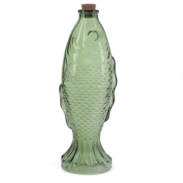 Green fish-shaped glass bottle with embossed scale pattern and cork stopper