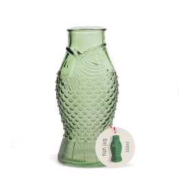 Green glass fish-shaped jug with embossed scales with tag.