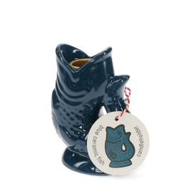 Blue ceramic fish-shaped candleholder with tag.