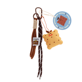Plush toast bag charm with brown cord strap and metal clip attachment with tag.
