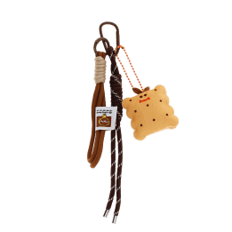 Plush toast bag charm with brown cord strap and metal clip attachment
