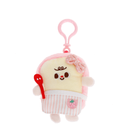 Plush toast bag charm with pink clip, pink spotty bow