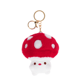 Plush mushroom bag charm with red spotted cap, gold keyring and soft white base