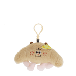 Fluffy croissant bag charm with smiley face, cheese patch and clip attachment