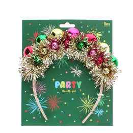 Festive tinsel party headband decorated with colourful jingle bells on retail packaging.