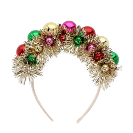 Festive tinsel party headband decorated with colourful jingle bells .