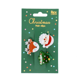Set of three Christmas hair clips featuring a Santa, reindeer and Christmas tree design on retail packaging.