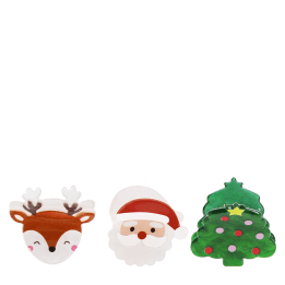 Set of three Christmas hair clips featuring a Santa, reindeer and Christmas tree design.