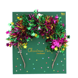 Festive Christmas party headband with colourful tinsel and star decorations.
